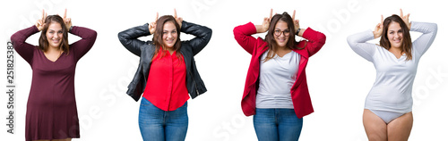 Collage of beautiful plus size woman over isolated background Posing funny and crazy with fingers on head as bunny ears, smiling cheerful
