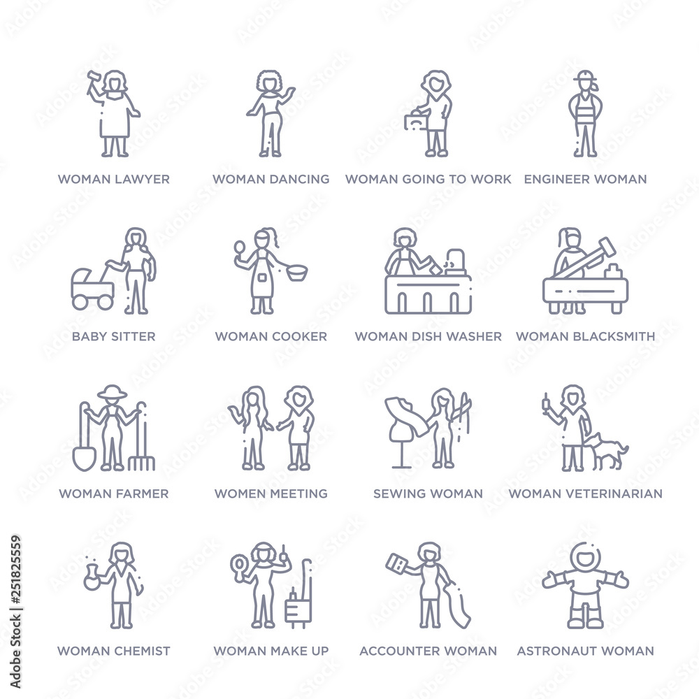 Fototapeta premium set of 16 thin linear icons such as astronaut woman, accounter woman, woman make up, woman chemist, woman veterinarian, sewing woman, women meeting from ladies collection on white background,