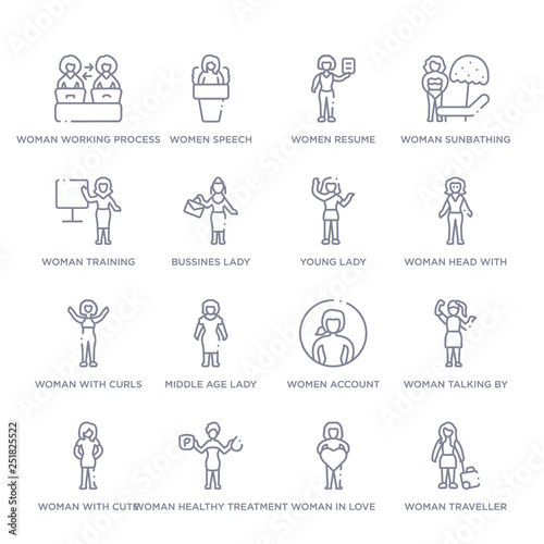 set of 16 thin linear icons such as woman traveller, woman in love, woman healthy treatment, with cute hairstyle, talking by phone, women account, middle age lady from ladies collection on white