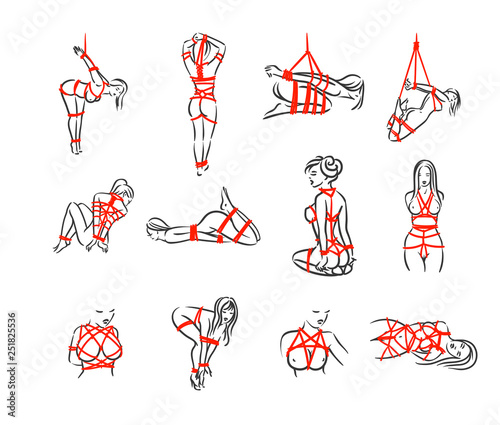 Line art bdsm shibari bondage fetish females with red rope vector illustration isolated on white background photo