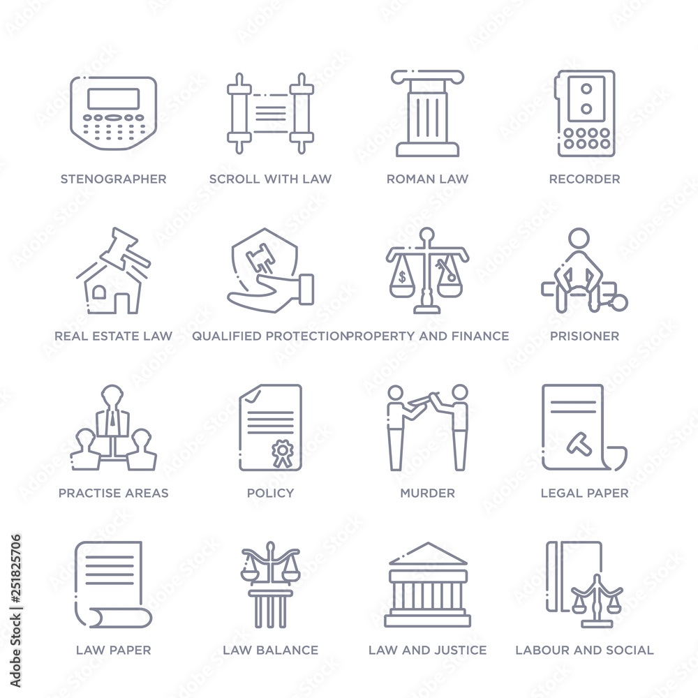 set of 16 thin linear icons such as labour and social law, law and justice, law balance, law paper, legal paper, murder, policy from and justice collection on white background, outline sign icons or set of 16 thin linear icons such as labour and social law, law and justice, law balance, law paper, legal paper, murder, policy from and justice collection on white background, outline sign icons or
