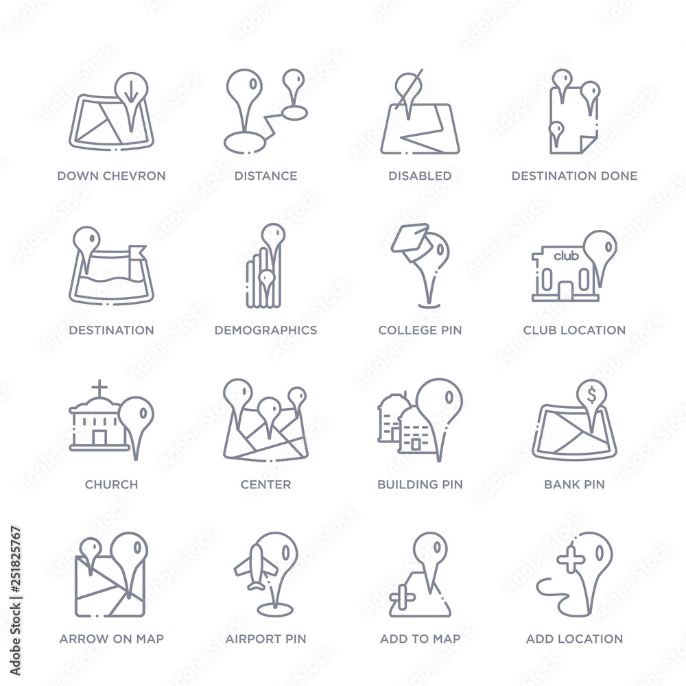 set of 16 thin linear icons such as add location, add to map, airport pin, arrow on map, bank pin, building pin, center from maps and locations collection on white background, outline sign icons or set of 16 thin linear icons such as add location, add to map, airport pin, arrow on map, bank pin, building pin, center from maps and locations collection on white background, outline sign icons or