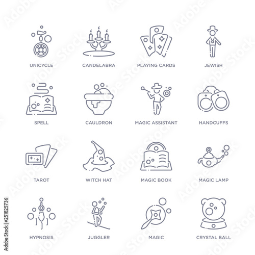 set of 16 thin linear icons such as crystal ball, magic, juggler, hypnosis, magic lamp, magic book, witch hat from magic collection on white background, outline sign icons or symbols