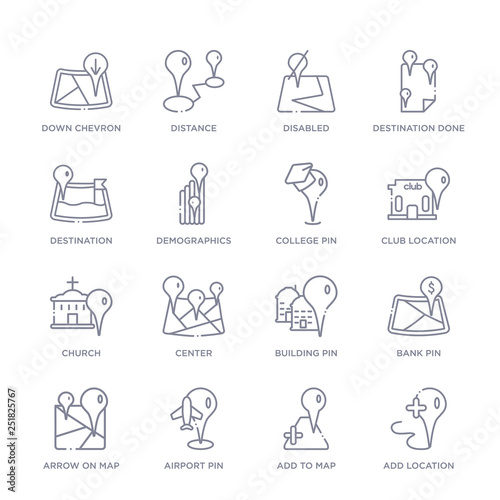 set of 16 thin linear icons such as add location, add to map, airport pin, arrow on map, bank pin, building pin, center from maps and locations collection on white background, outline sign icons or