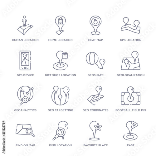 set of 16 thin linear icons such as east, favorite place, find location, find on map, football field pin, geo cordinates, geo targetting from maps and locations collection on white background,