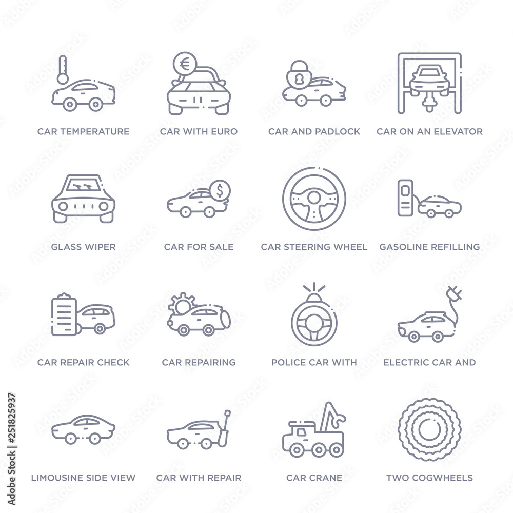 set of 16 thin linear icons such as two cogwheels, car crane, car with repair equipment, limousine side view, electric car and plug, police with steering wheel, repairing from mechanicons collection
