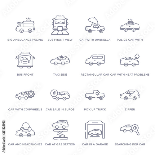 set of 16 thin linear icons such as searching for car, car in a garage, car at gas station, car and headphones, zipper, pick up truck, sale in euros from mechanicons collection on white background,