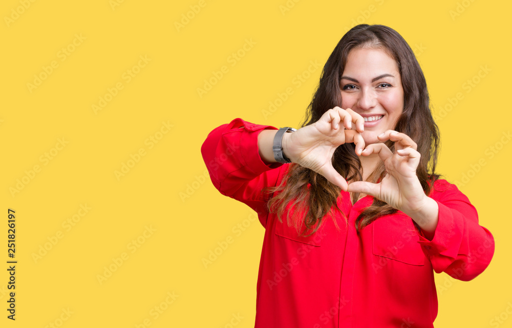 Beautiful plus size young business woman over isolated background smiling in love showing heart symbol and shape with hands. Romantic concept. Beautiful plus size young business woman over isolated background smiling in love showing heart symbol and shape with hands. Romantic concept.