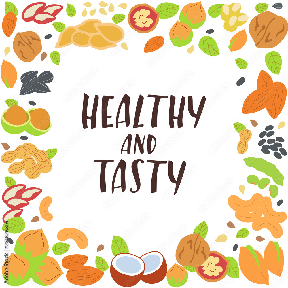 Modern hand drawn phrase with different nuts and seeds. Organic healthy food concept. Vector frame with text Healthy and tasty inside