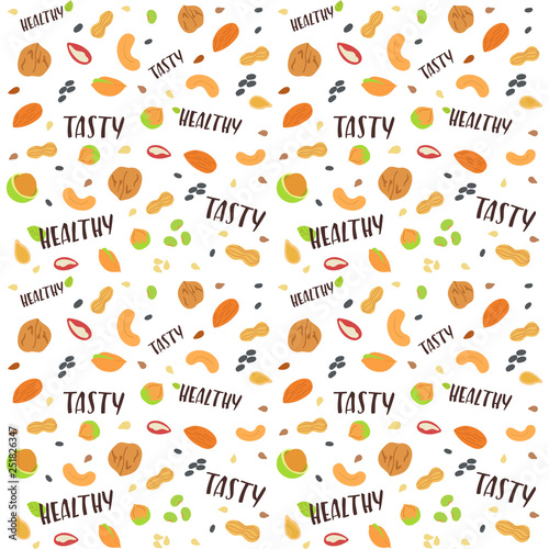 Colorfull seamless pattern with different nuts and seeds. Organic healthy food concept. Vector background for your design