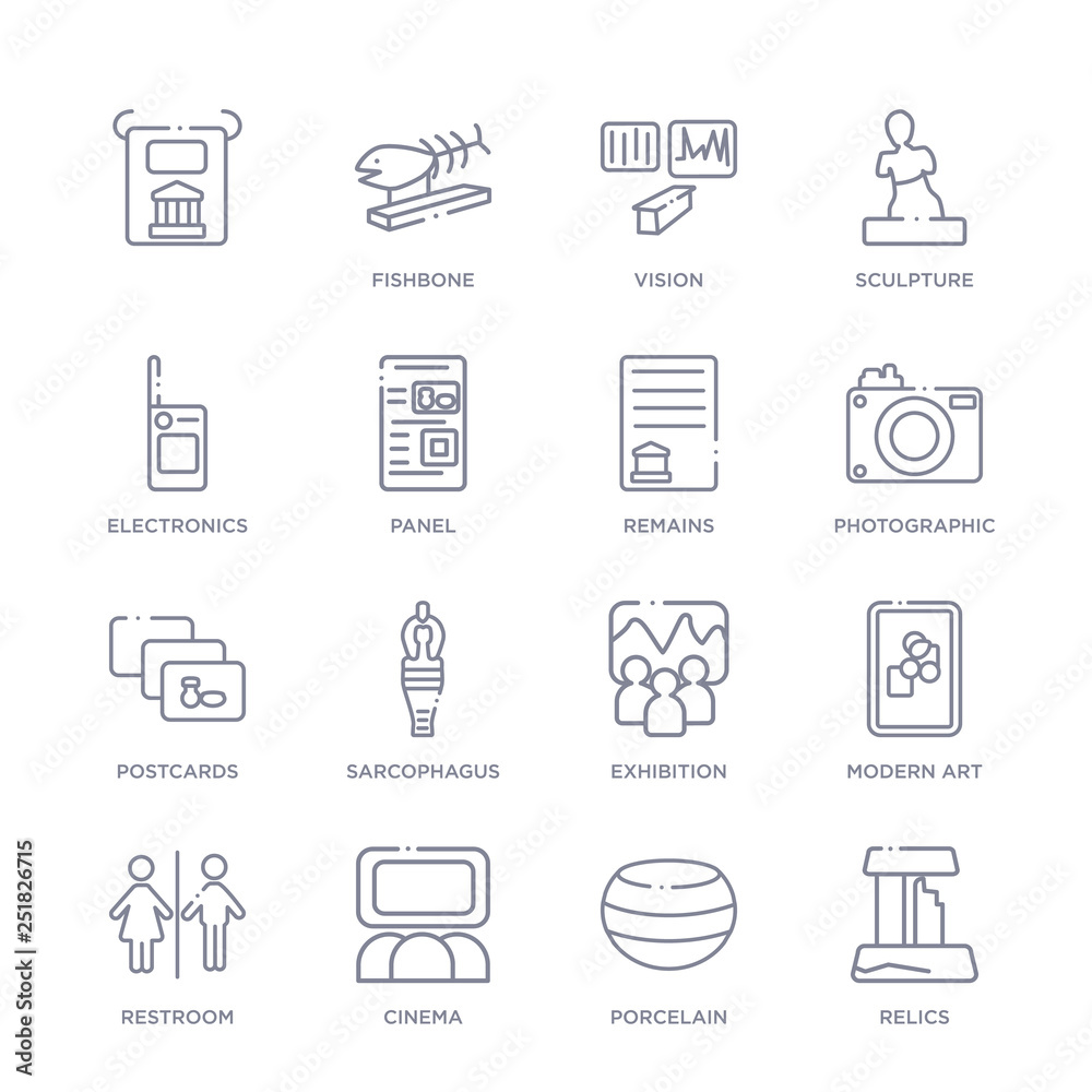set of 16 thin linear icons such as relics, porcelain, cinema, restroom, modern art, exhibition, sarcophagus from museum collection on white background, outline sign icons or symbols
