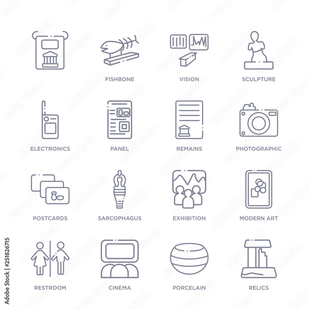 set of 16 thin linear icons such as relics, porcelain, cinema, restroom, modern art, exhibition, sarcophagus from museum collection on white background, outline sign icons or symbols set of 16 thin linear icons such as relics, porcelain, cinema, restroom, modern art, exhibition, sarcophagus from museum collection on white background, outline sign icons or symbols
