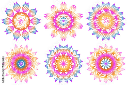 Set of Design With Floral Mandala Ornament. Vector Illustration. For Coloring Book, Greeting Card, Invitation, Tattoo. Anti-Stress Therapy Pattern. Rainbow color © Bonya Sharp Claw