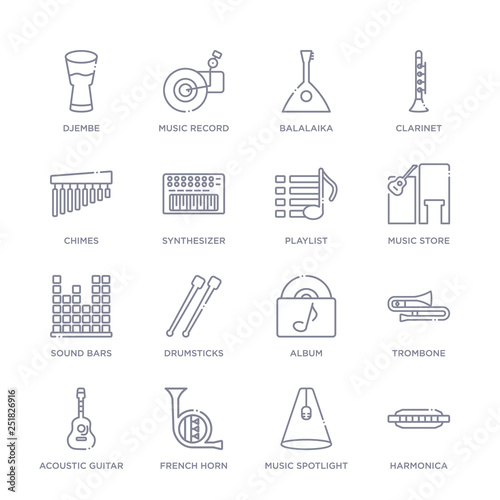 set of 16 thin linear icons such as harmonica, music spotlight, french horn, acoustic guitar, trombone, album, drumsticks from music collection on white background, outline sign icons or symbols