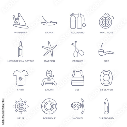 set of 16 thin linear icons such as surfboard, snorkel, porthole, helm, lifesaver, vest, sailor from nautical collection on white background, outline sign icons or symbols