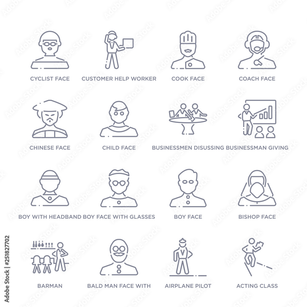 set of 16 thin linear icons such as acting class, airplane pilot, bald man face with beard and sunglasses, barman, bishop face, boy face, boy face with glasses from people collection on white set of 16 thin linear icons such as acting class, airplane pilot, bald man face with beard and sunglasses, barman, bishop face, boy face, boy face with glasses from people collection on white