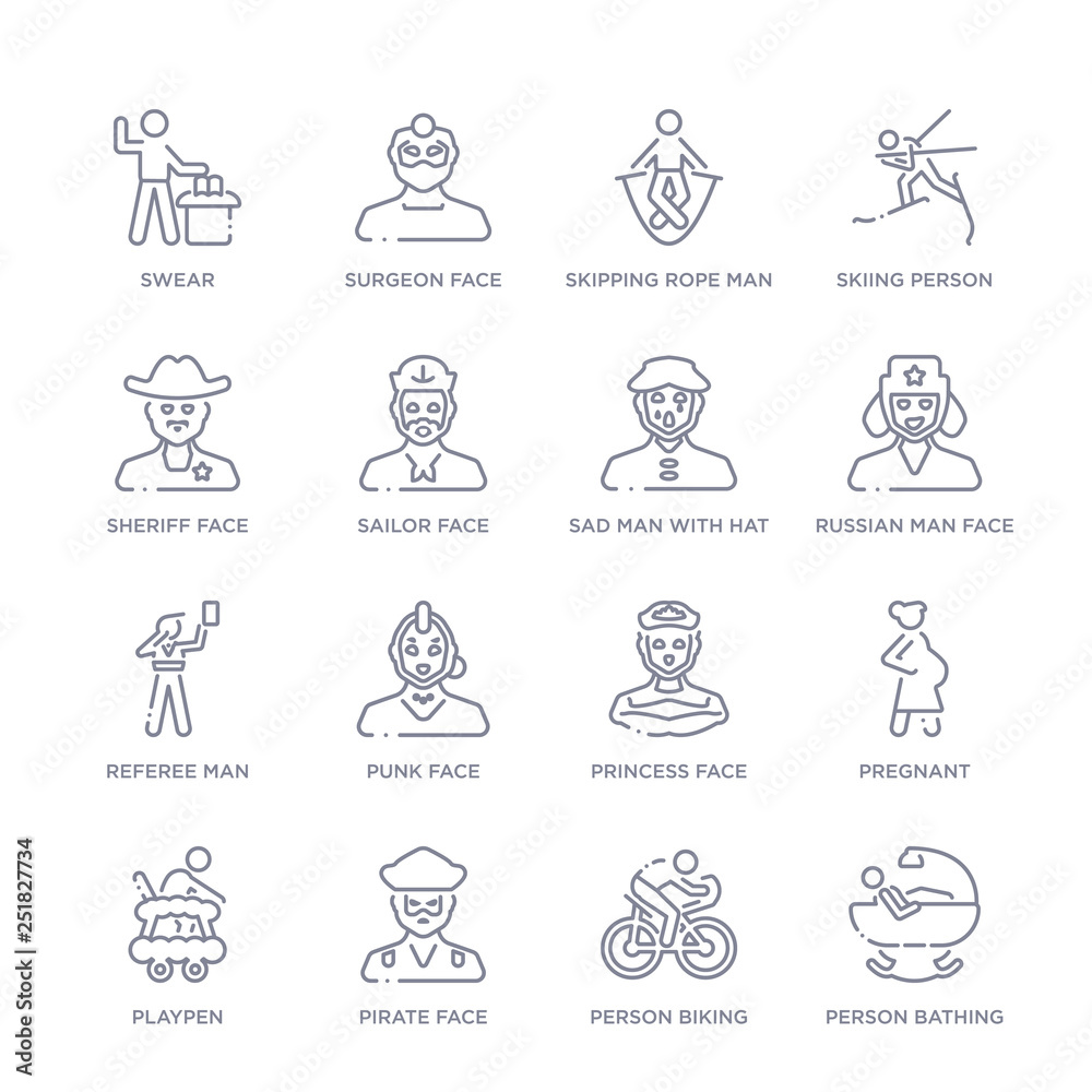 set of 16 thin linear icons such as person bathing, person biking, pirate face, playpen, pregnant, princess face, punk face from people collection on white background, outline sign icons or symbols