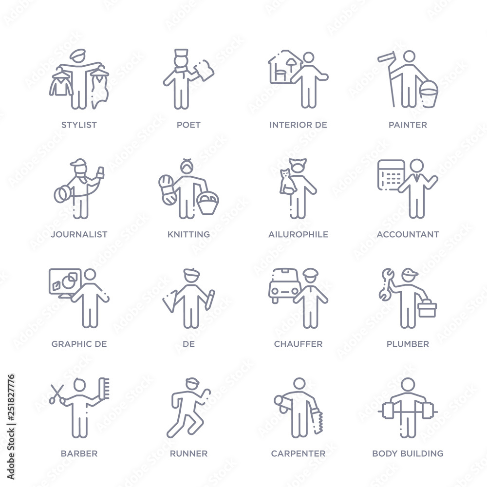 set of 16 thin linear icons such as body building, carpenter, runner, barber, plumber, chauffer, de from people skills collection on white background, outline sign icons or symbols set of 16 thin linear icons such as body building, carpenter, runner, barber, plumber, chauffer, de from people skills collection on white background, outline sign icons or symbols