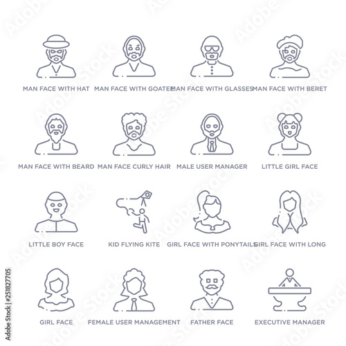 set of 16 thin linear icons such as executive manager, father face, female user management, girl face, girl face with long hair, girl face with ponytails, kid flying kite from people collection on