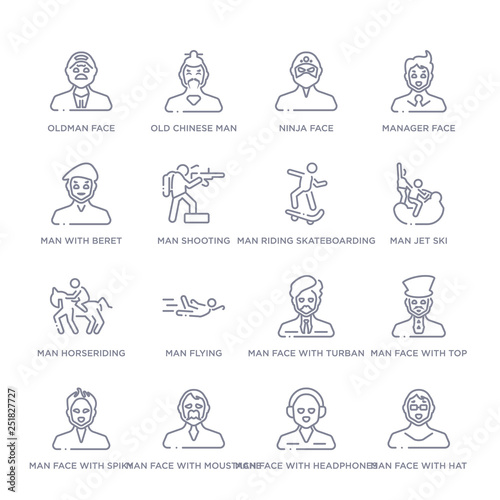 set of 16 thin linear icons such as man face with hat and sunglasses, man face with headphones, man face with moustache, spiky hair, top hat, turban and beard, flying from people collection on white