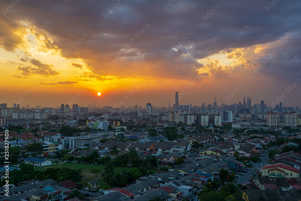 Silhouette shot of downtown Kuala Lumpur skyline at twilight in Malaysia
