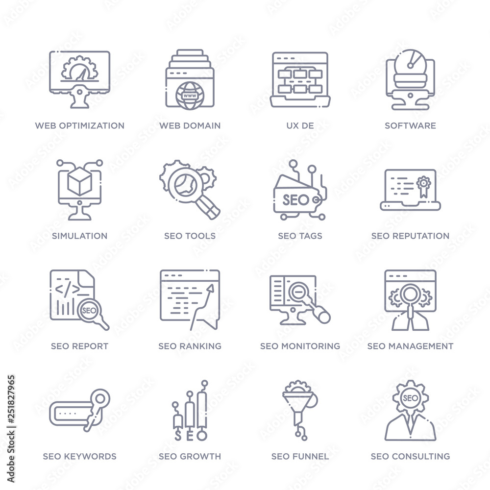 set of 16 thin linear icons such as seo consulting, seo funnel, seo growth, keywords, management, monitoring, ranking from programming collection on white background, outline sign icons or symbols set of 16 thin linear icons such as seo consulting, seo funnel, seo growth, keywords, management, monitoring, ranking from programming collection on white background, outline sign icons or symbols
