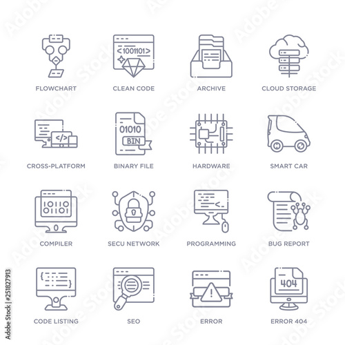 set of 16 thin linear icons such as error 404, error, seo, code listing, bug report, programming, secu network from programming collection on white background, outline sign icons or symbols