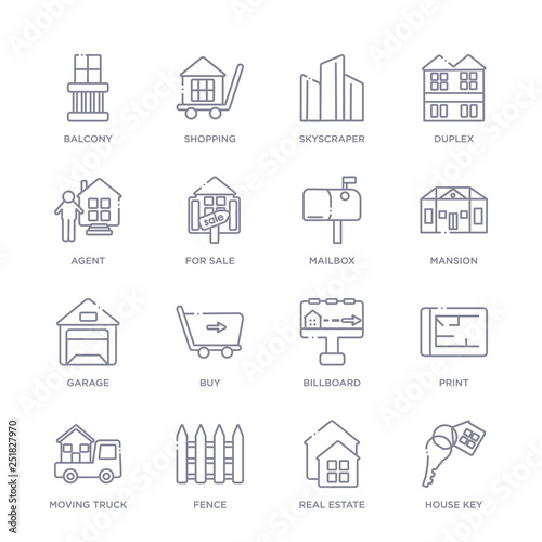 set of 16 thin linear icons such as house key, real estate, fence, moving truck, print, billboard, buy from real estate collection on white background, outline sign icons or symbols