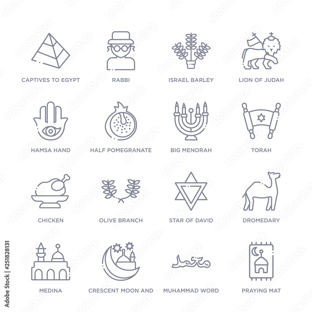 set of 16 thin linear icons such as praying mat, muhammad word, crescent moon and star, medina, dromedary, star of david, olive branch from religion collection on white background, outline sign