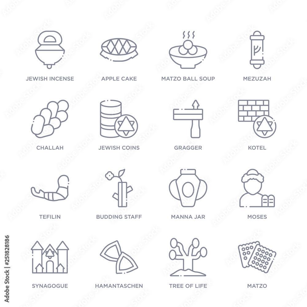 set of 16 thin linear icons such as matzo, tree of life, hamantaschen, synagogue, moses, manna jar, budding staff from religion collection on white background, outline sign icons or symbols set of 16 thin linear icons such as matzo, tree of life, hamantaschen, synagogue, moses, manna jar, budding staff from religion collection on white background, outline sign icons or symbols
