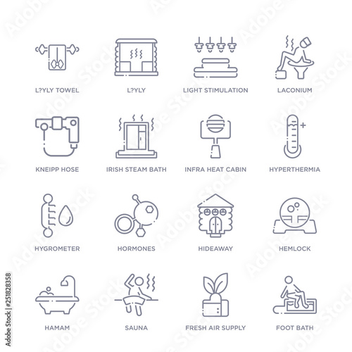 set of 16 thin linear icons such as foot bath, fresh air supply, sauna, hamam, hemlock, hideaway, hormones from sauna collection on white background, outline sign icons or symbols