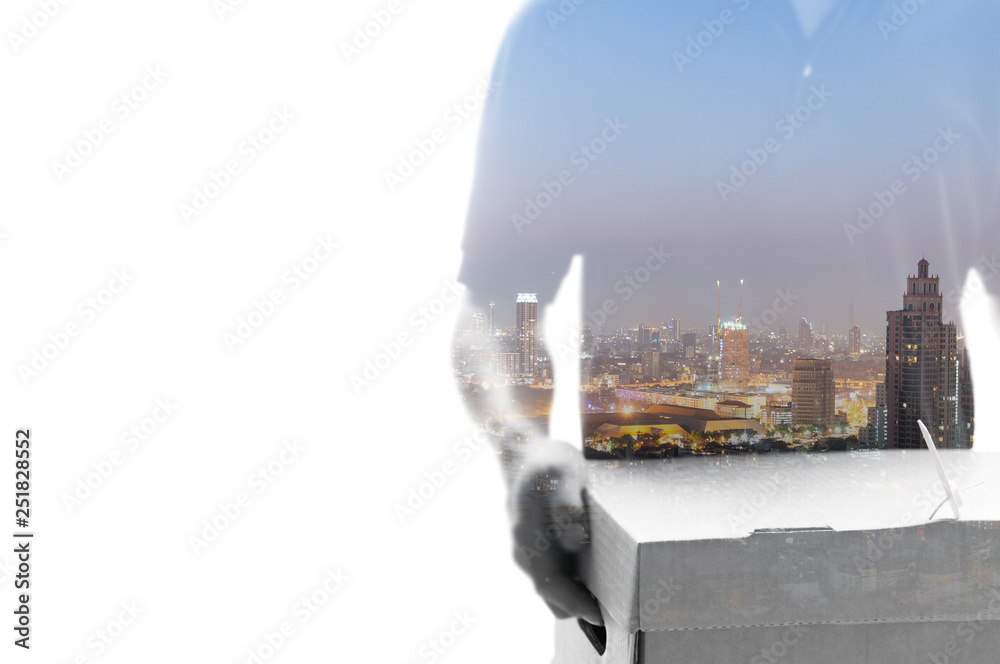 Double Exposure, Man and Box of documents, city. Logistic concept.