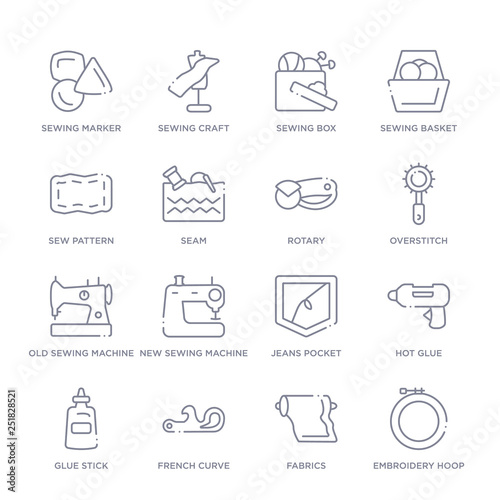 set of 16 thin linear icons such as embroidery hoop, fabrics, french curve, glue stick, hot glue, jeans pocket, new sewing machine from sew collection on white background, outline sign icons or