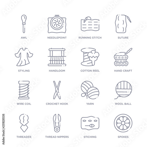 set of 16 thin linear icons such as spokes, stiching, thread nippers, threader, wool ball, yarn, crochet hook from sew collection on white background, outline sign icons or symbols