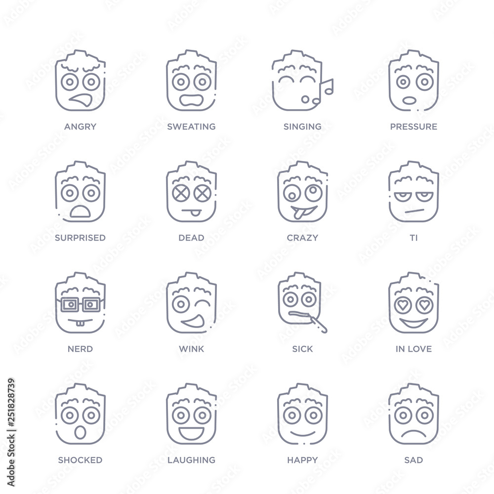 set of 16 thin linear icons such as sad, happy, laughing, shocked, in ...