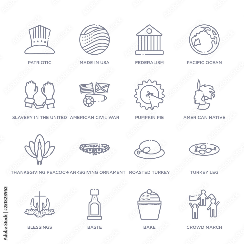 set of 16 thin linear icons such as crowd march, bake, baste, blessings, turkey leg, roasted turkey, thanksgiving ornament from united states of america collection on white background, outline sign