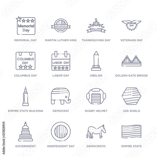 set of 16 thin linear icons such as empire state, democratic, independent day, government, usa shield, rugby helmet, democrat from united states of america collection on white background, outline