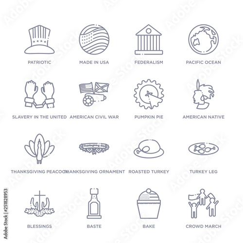 Εκτύπωση καμβά set of 16 thin linear icons such as crowd march, bake, baste, blessings, turkey