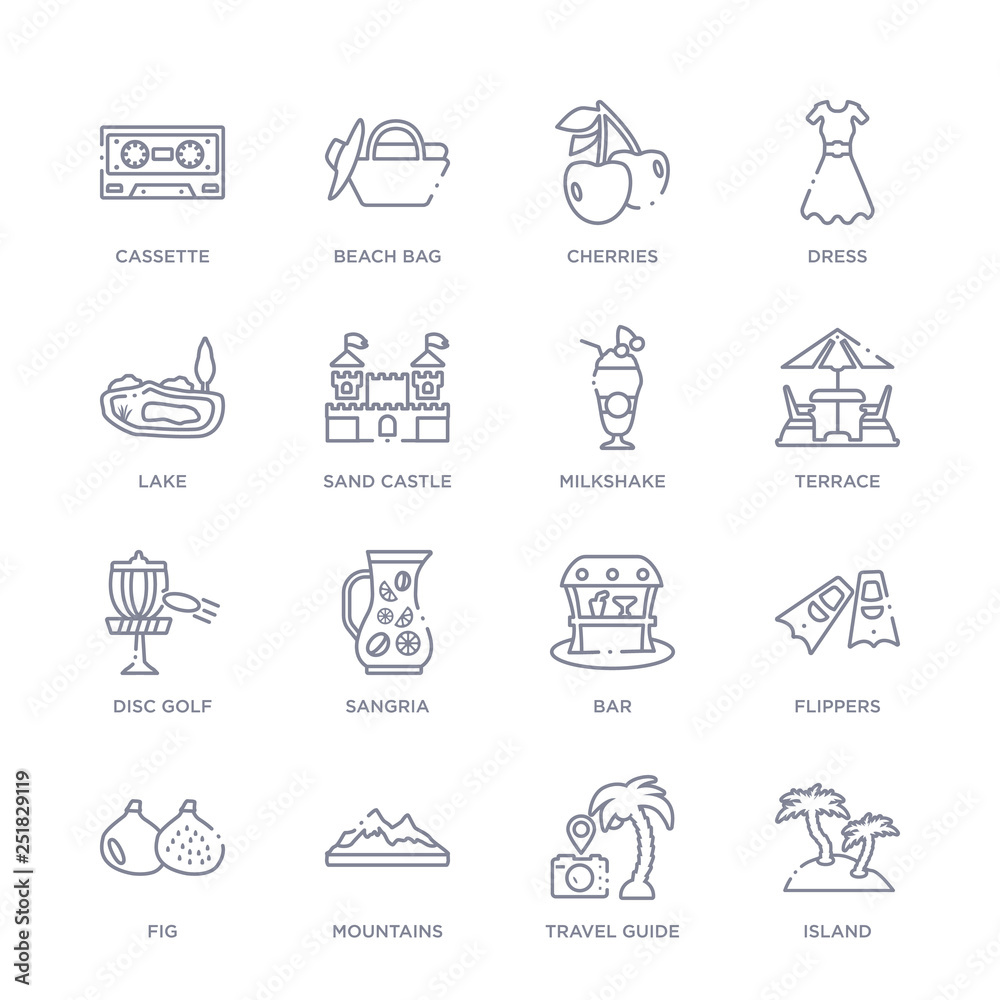 set of 16 thin linear icons such as island, travel guide, mountains, fig, flippers, bar, sangria from summer collection on white background, outline sign icons or symbols