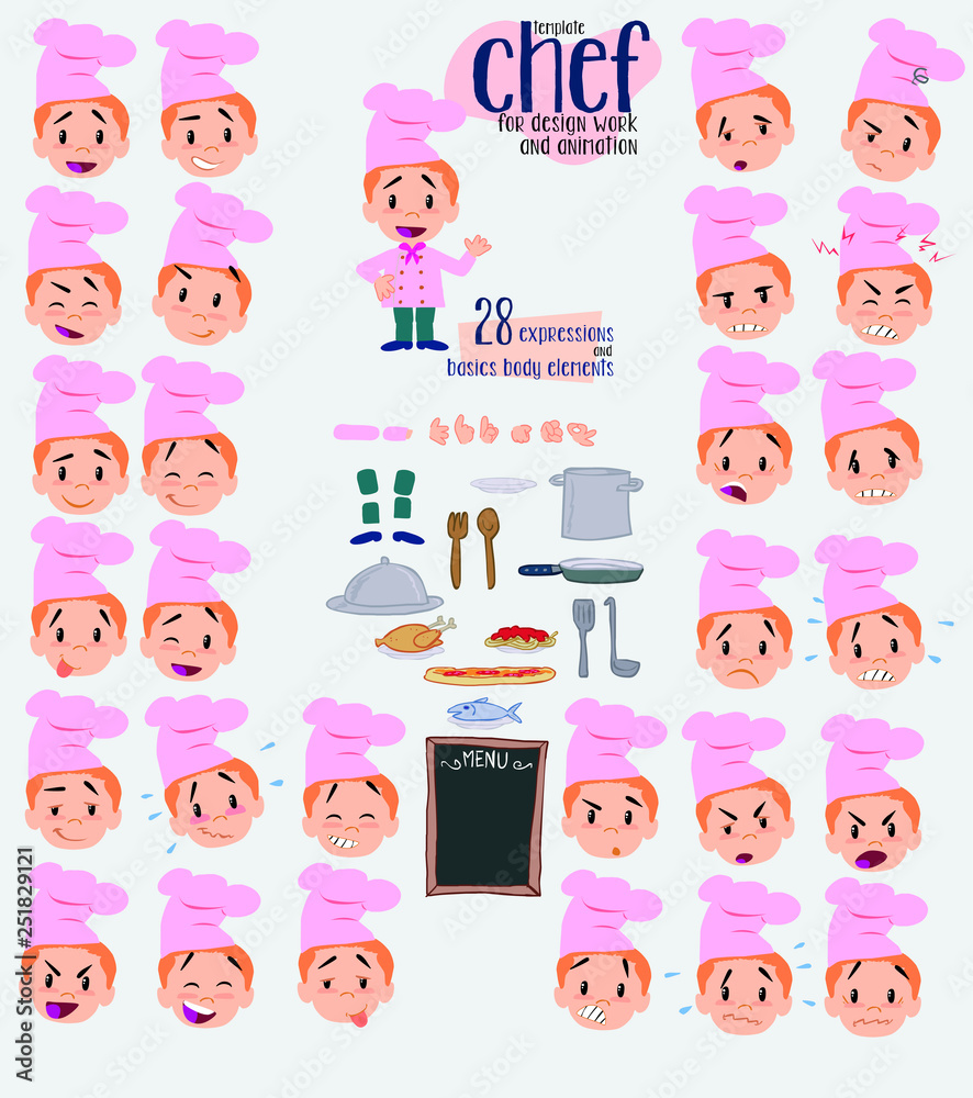 Cartoon character chef. Set with different postures, attitudes and poses, always in negative attitude, doing different activities in vector vector illustrations. Cartoon character chef. Set with different postures, attitudes and poses, always in negative attitude, doing different activities in vector vector illustrations.