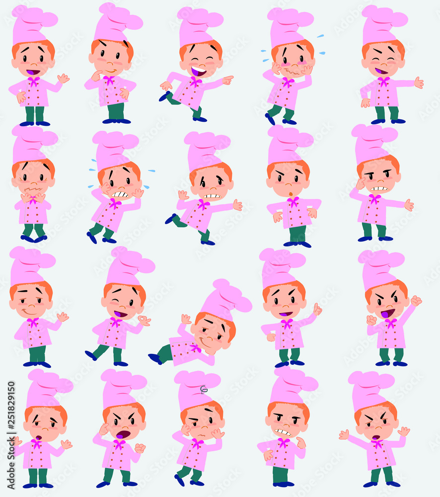 Cartoon character chef. Set with different postures, attitudes and poses, doing different activities in isolated vector illustrations. Cartoon character chef. Set with different postures, attitudes and poses, doing different activities in isolated vector illustrations.
