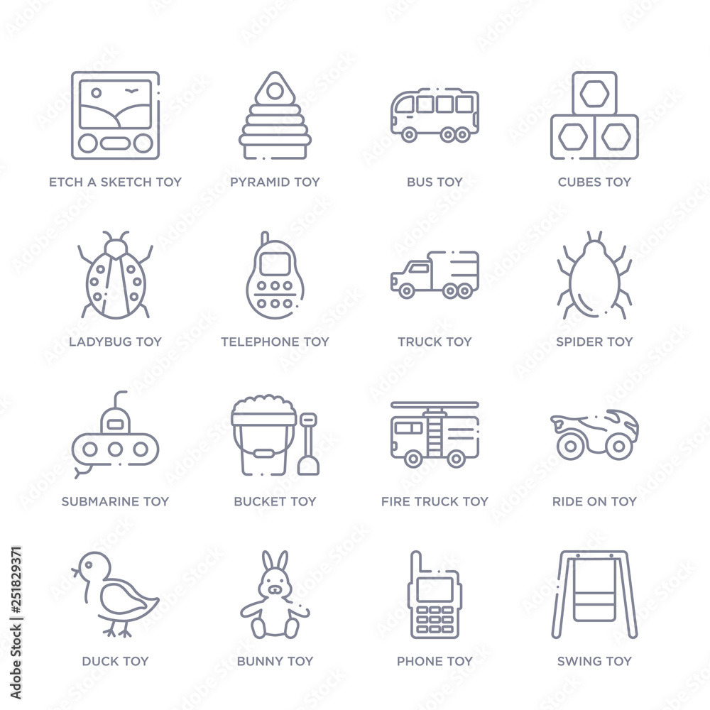 set of 16 thin linear icons such as swing toy, phone toy, bunny toy, duck ride on fire truck bucket toy from toys collection on white background, outline sign icons or symbols