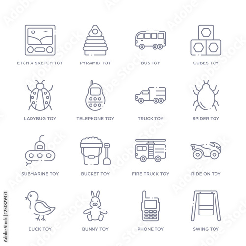 set of 16 thin linear icons such as swing toy, phone toy, bunny toy, duck ride on fire truck bucket toy from toys collection on white background, outline sign icons or symbols