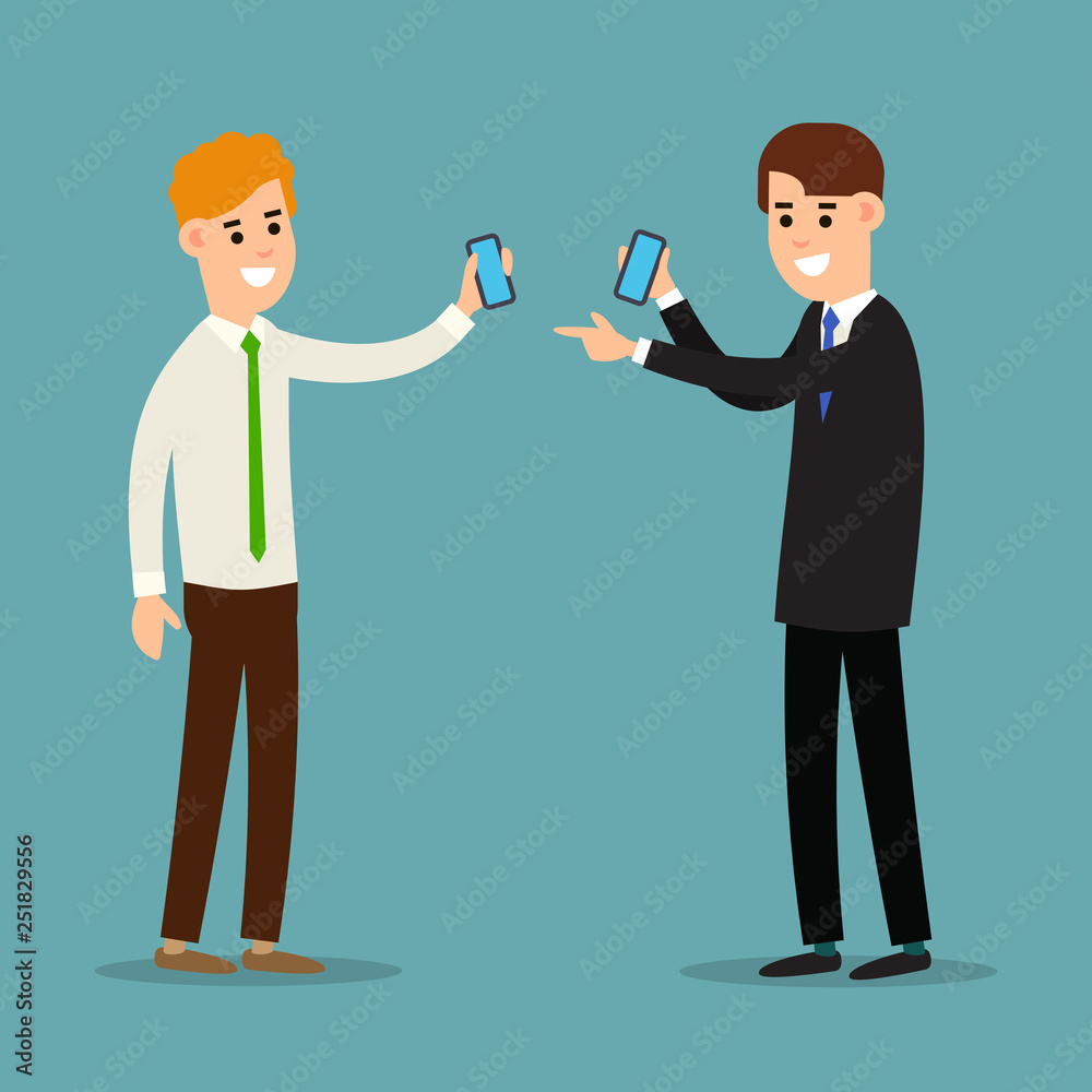 Two businessman working in office showing information on the smartphone screen. Using phone in business. Business communication. Cartoon illustration isolated on white background in flat style Two businessman working in office showing information on the smartphone screen. Using phone in business. Business communication. Cartoon illustration isolated on white background in flat style