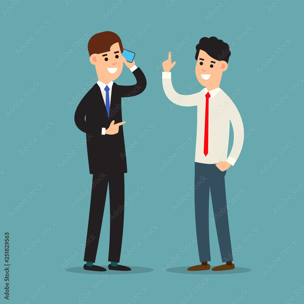 Business communication. Presentation business calling and connection. Using phone in business. Two businessman working in office. Cartoon illustration isolated on white background in flat style Business communication. Presentation business calling and connection. Using phone in business. Two businessman working in office. Cartoon illustration isolated on white background in flat style