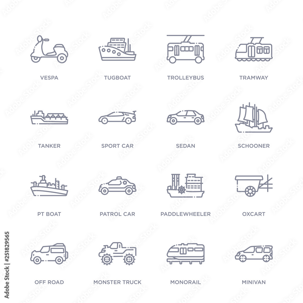 set of 16 thin linear icons such as minivan, monorail, monster truck, off road, oxcart, paddlewheeler, patrol car from transportation collection on white background, outline sign icons or symbols set of 16 thin linear icons such as minivan, monorail, monster truck, off road, oxcart, paddlewheeler, patrol car from transportation collection on white background, outline sign icons or symbols