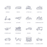 set of 16 thin linear icons such as flatbed lorry, funicular railway, gondola, hatchback, haul, hearse, houseboat from transportation collection on white background, outline sign icons or symbols