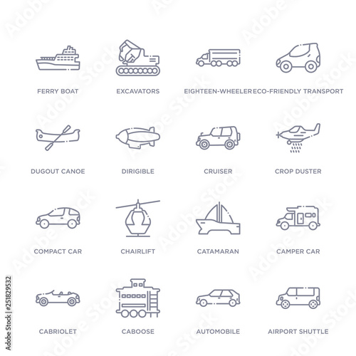 set of 16 thin linear icons such as airport shuttle, automobile, caboose, cabriolet, camper car, catamaran, chairlift from transportation collection on white background, outline sign icons or