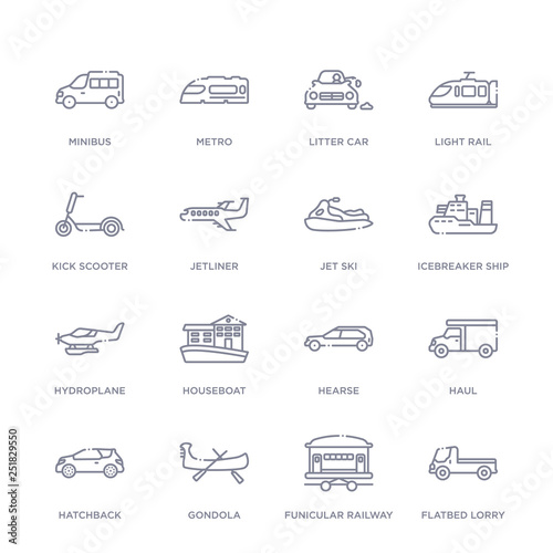 set of 16 thin linear icons such as flatbed lorry, funicular railway, gondola, hatchback, haul, hearse, houseboat from transportation collection on white background, outline sign icons or symbols