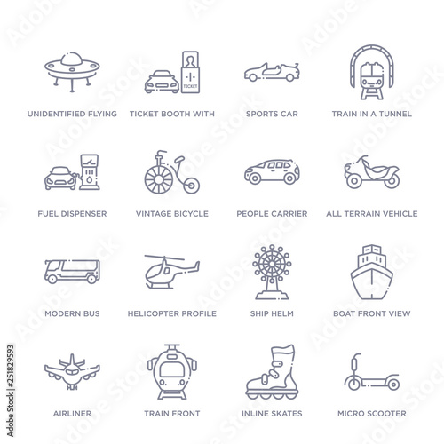 set of 16 thin linear icons such as micro scooter, inline skates, train front, airliner, boat front view, ship helm, helicopter profile from transportaytan collection on white background, outline